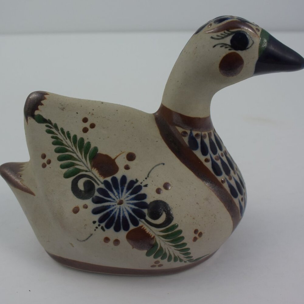 Vintage Tonala Mexican Pottery Folk Art Duck Figurine Signed by Artist